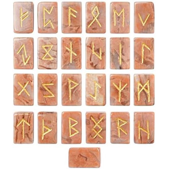 Crocon Peach Moonstone Rectangle Shape Gemstone Runes with Elder Futhark Alphabet Engraved 25 pcs Rune Set Crystal Divination Metaphysical Healing Chakra Reiki Runes Set with a Pouch Size : 20-25mm