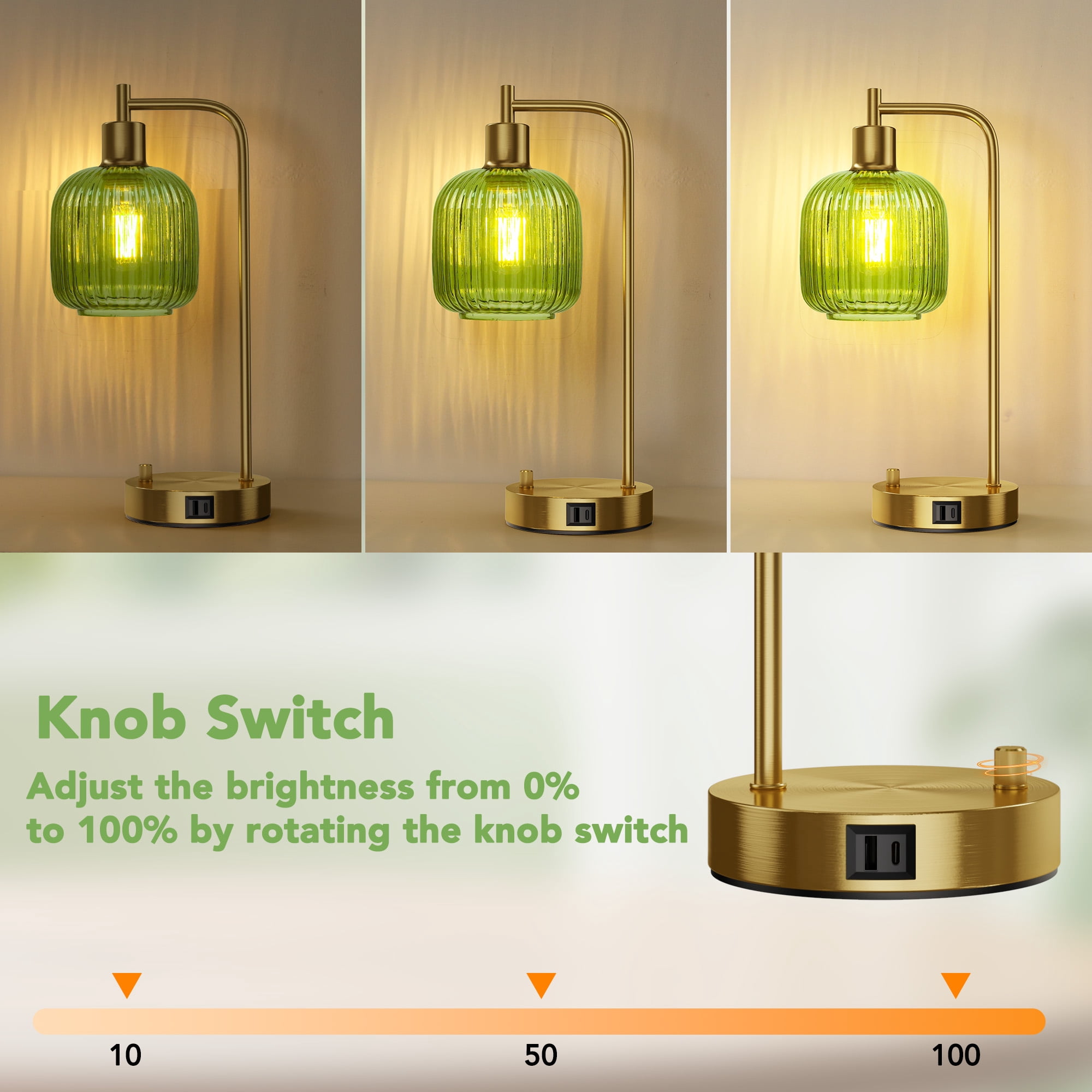 SparkGlowy Industrial Table Lamp for Bedroom Set of 2, Green Glass Beside Lamp with USB A&C Ports, Stepless Dimmable Gold Lamps, Nightstand Lamps for Living Room (Bulb Included)