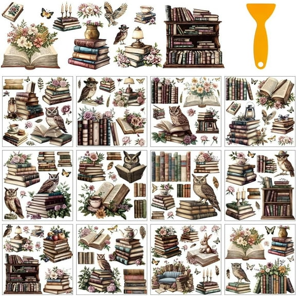 12 Sheets Owl Rub on Transfers for Crafts Vintage Books Rub on Transfer Stickers PVC Rub on Decal for DIY Home Furniture Window Wood 5.5x5.5inches(140x140mm)