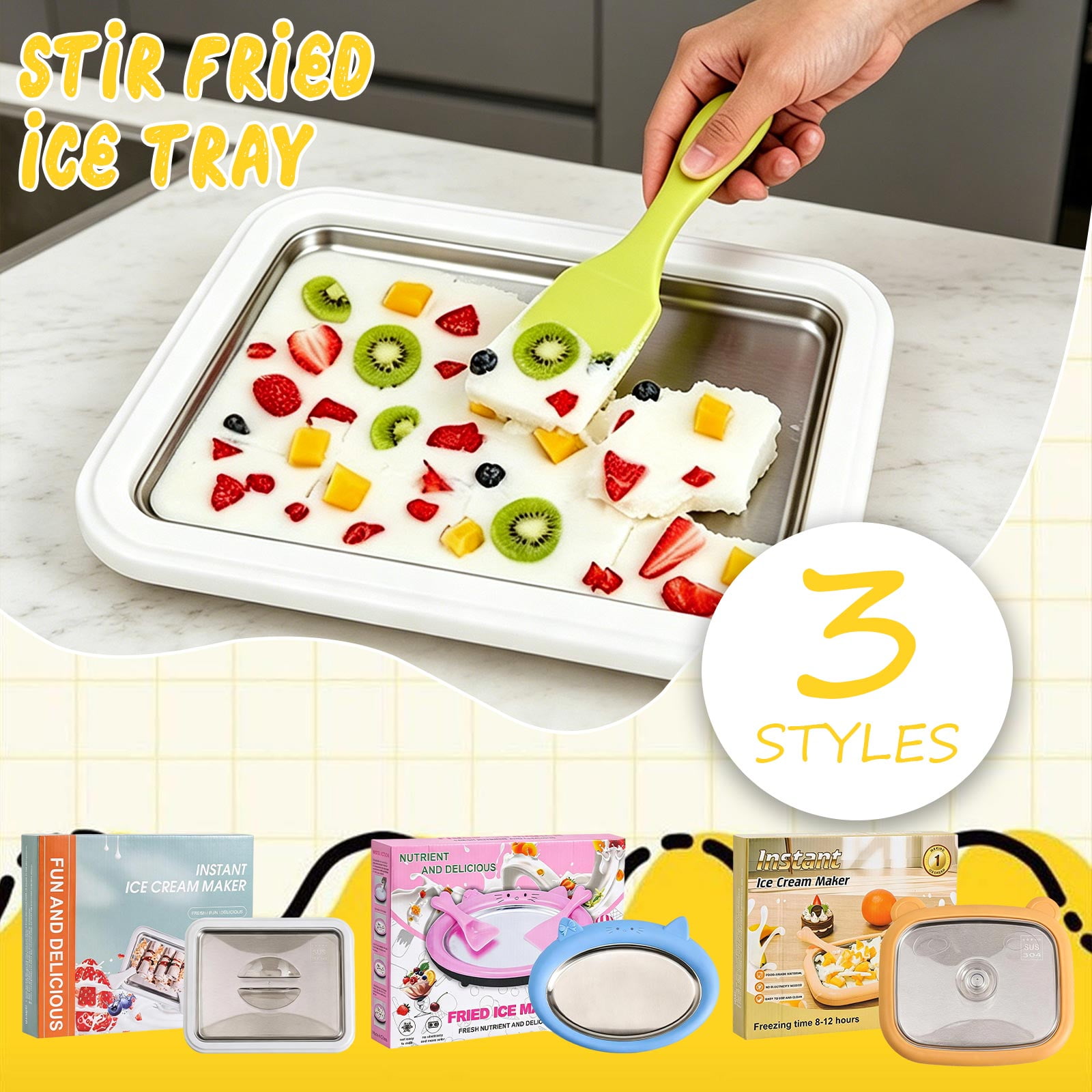 Countertop Instant Ice Cream Maker, Ice Cream Roller Maker, Yogurt Maker, Sorbet Maker, Sunflower Yellow 430Ml Compact Chill Pan, 10X9X1.5 Inch Grade Stainless Steel Ice Cream Pan