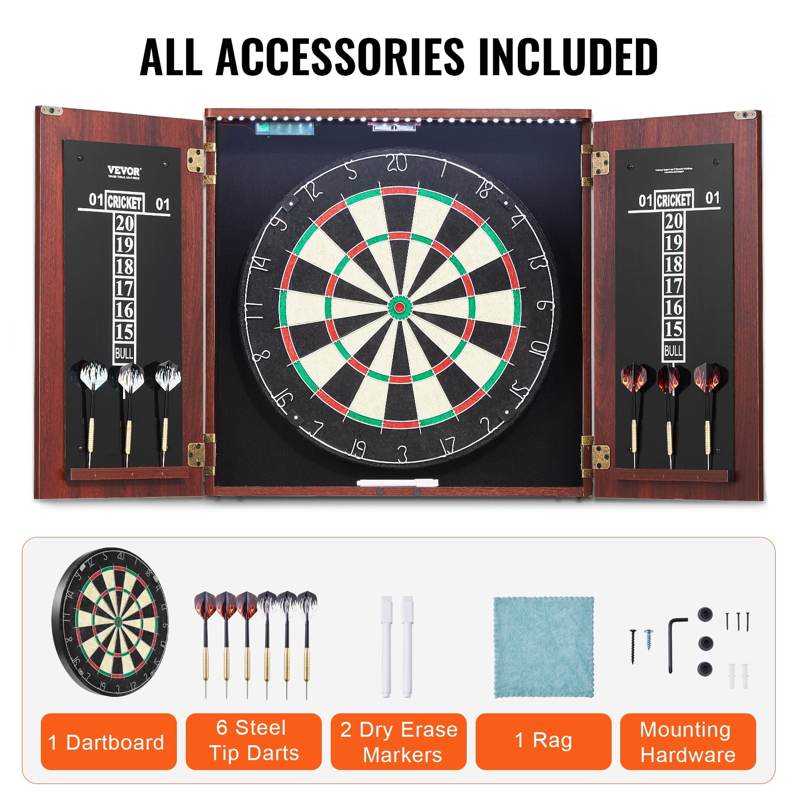 VEVOR Dartboard and Cabinet Set, Ready-to-Play Bundle Official Size Dartboard Cabinet, Steel Tip Dart Hideaway Cabinet, Features LED Light, Easy Assembly,Complete with All Accessory,for Cricket Game