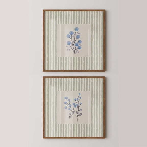 Set Of 2 Blue Floral Wall Art Prints, Sage Green Striped Botanical, Cottagecore Flower, Square, Botanical Bedroom And Living Room Decor