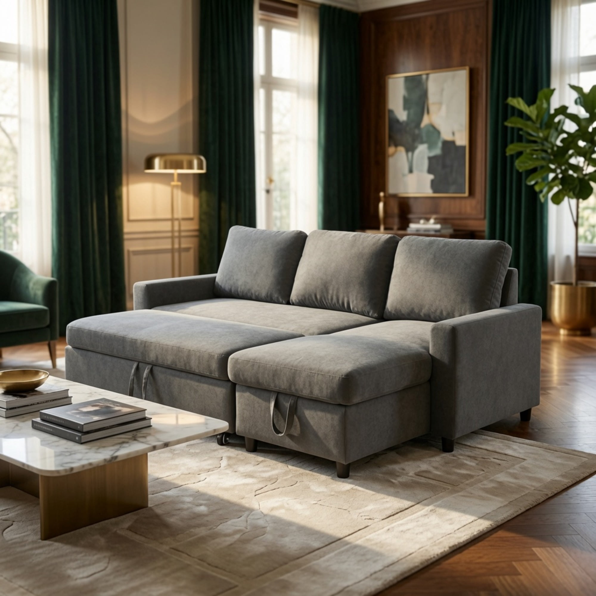 TiramisuBest L-Shaped Convertible Sofa Bed with Reversible & Storage Chaise,84"W Fluffy Flannel Sectional Sleeper for Living Room,Dark Gray