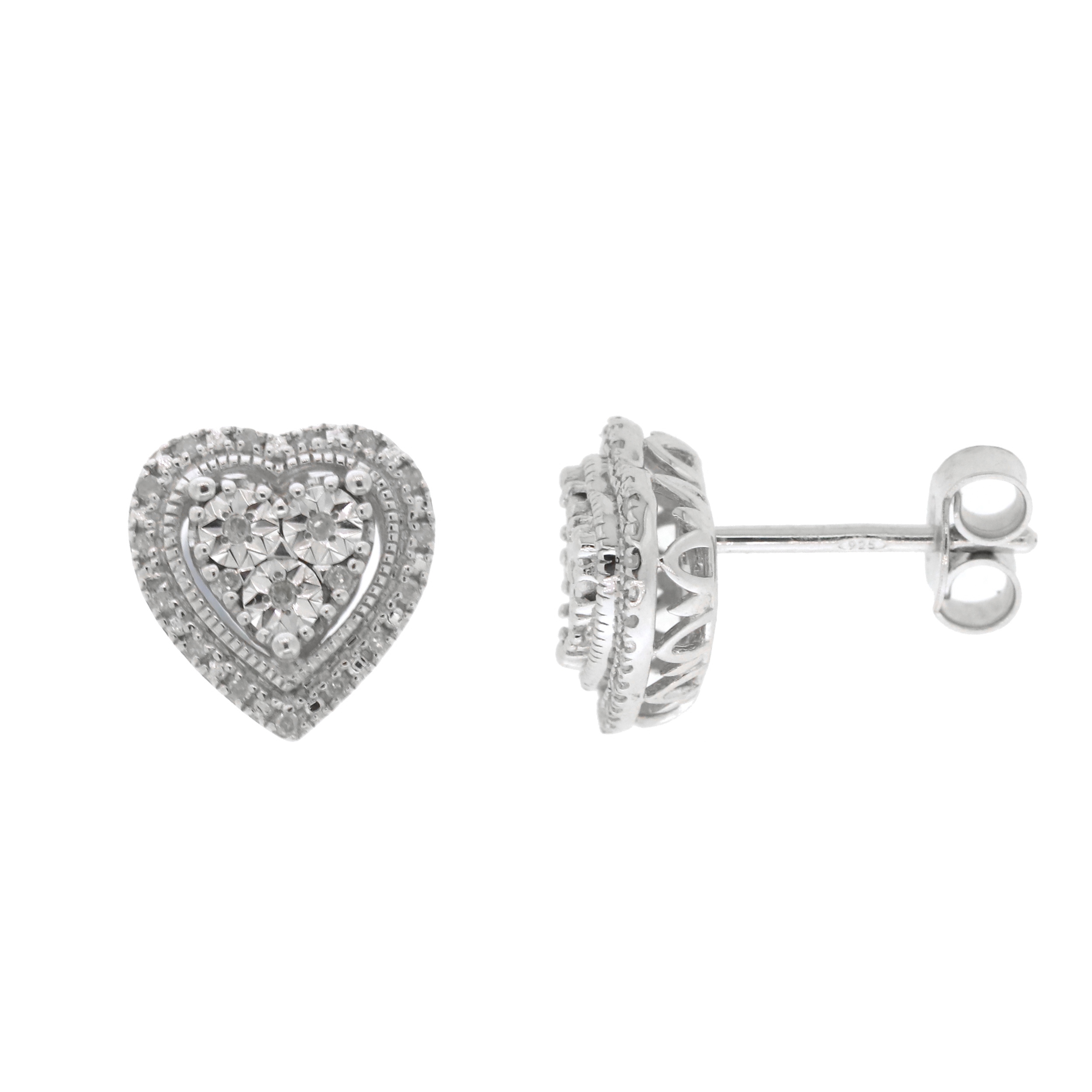 925 Sterling Silver 0.1cttw Genuine Diamonds Heart Earrings