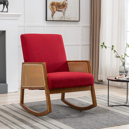 Tabaray Rocking Chair for Nursery,Mid Century Modern Rocking Chair with Arms,Wooden Mesh Side,Glider Rocker Chairs for Nursery,Living Room,Bedroom (Red Linen)