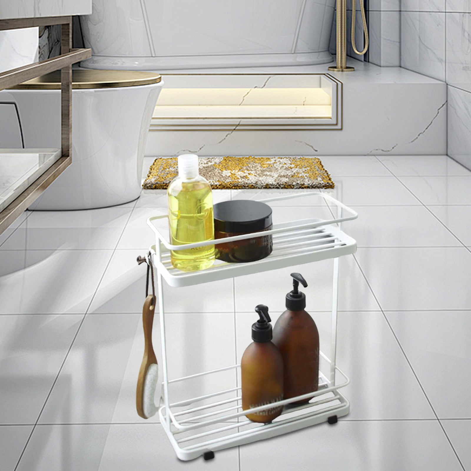 Bathroom Storage Rack Mobile Floor Standing Shelving UnitTier, Rust-Resistant Metal Frame for Extra Towel & Toilet Paper Storage, Space-Saving Organizer for Small Bathrooms & Apartments