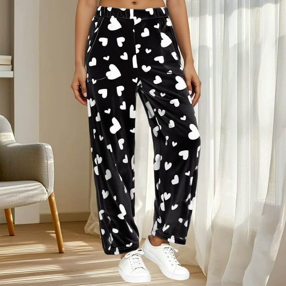Vetsdori Womens Flannel Pajamas Pants Fleece Pockets Pj Bottoms Soft,Wide Leg Valentine Printing Lounge Pants for Women PJS