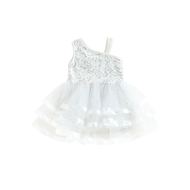 ZAXARRA Robe d'Été Princesse pour Filles Tout-Petits Blanche Sans Manches à Volants en Tulle et Sequins Robe de Fête
