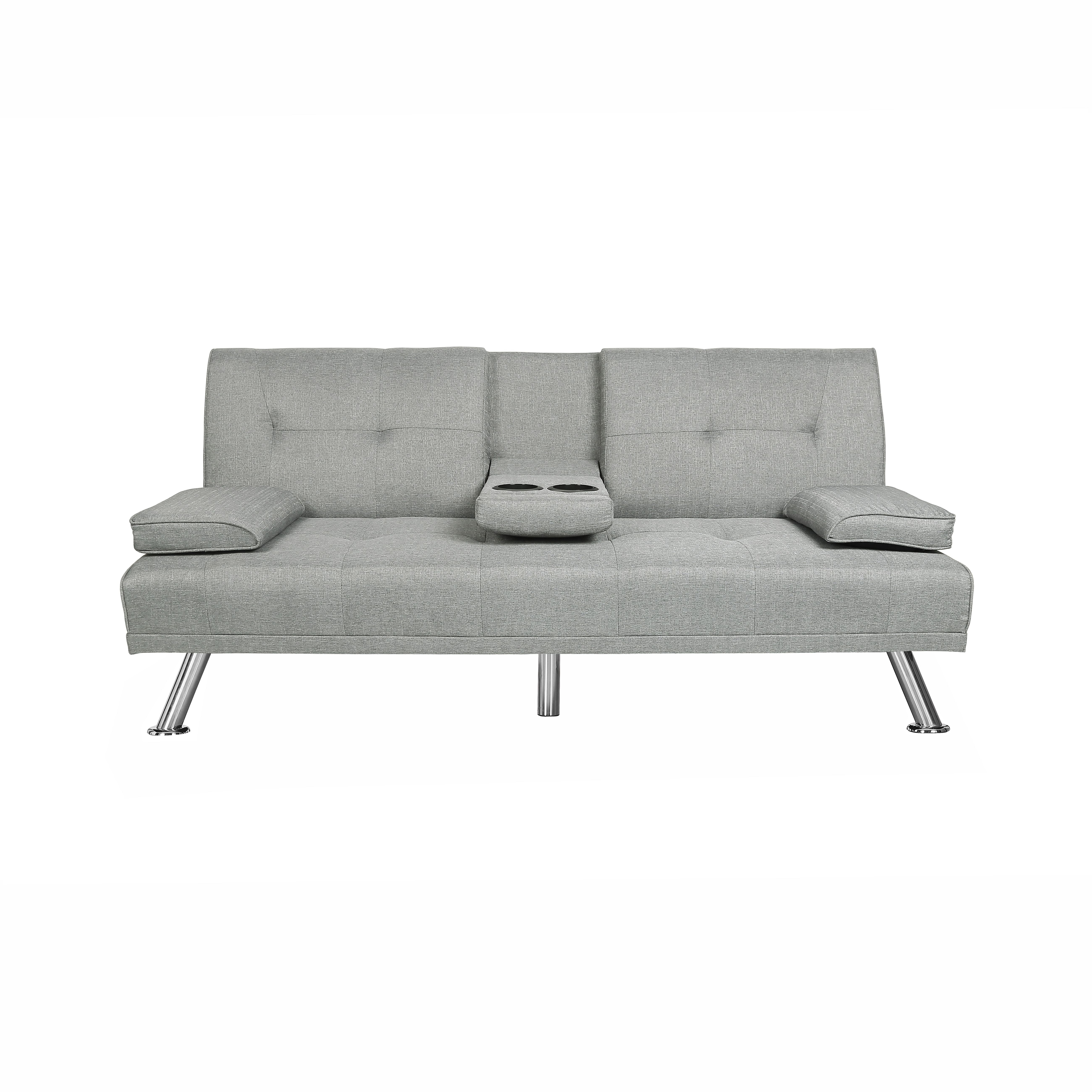Derzers Linen Convertible Futon Sofa Bed Twin with Adjustable Backrest with Cup Holders, Light Gray