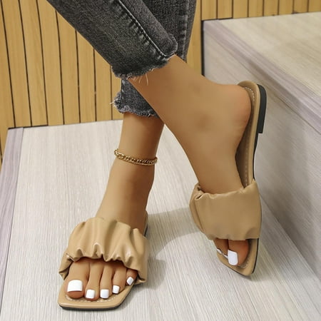 

Tuobarr Women s Slide Sandals Summer Fashion Square-Headed Women s Open-Toe Casual Flat Slippers Coffee US Size 8.5