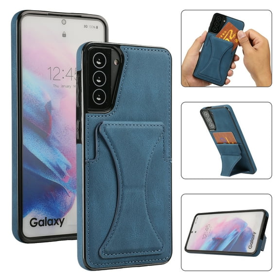TOP SHE Case for Samsung Galaxy S21 Plus Cell Phone (6.7 Inch) - Synthetic Leather Protective Case with Card Slot / Kickstand, Slim Fit Lightweight Simple Fashion Cover (Blue)