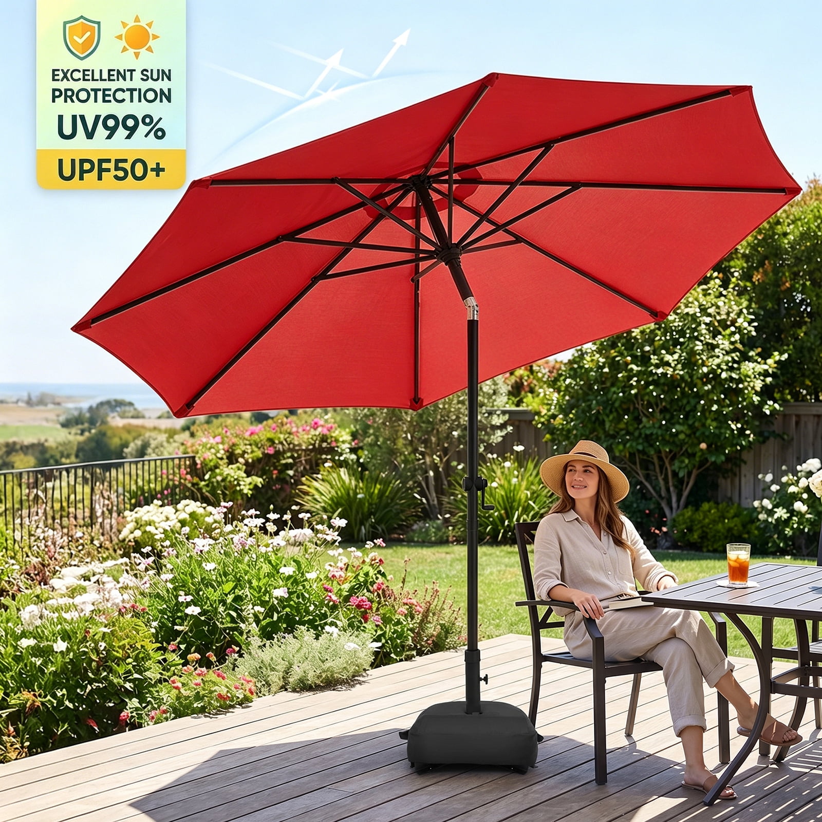 11FT Patio Umbrella (Base Included), 8 Heavy-Duty Ribs, Fade & Waterproof Polyester DTY Canopy for Outdoor Areas: Garden, Deck, Pool & Backyard, Red