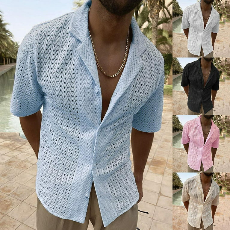 Men Hollow Knit Casual Loose Lapel Short Sleeve Button Shirt T-Shirt Tops  Beach 