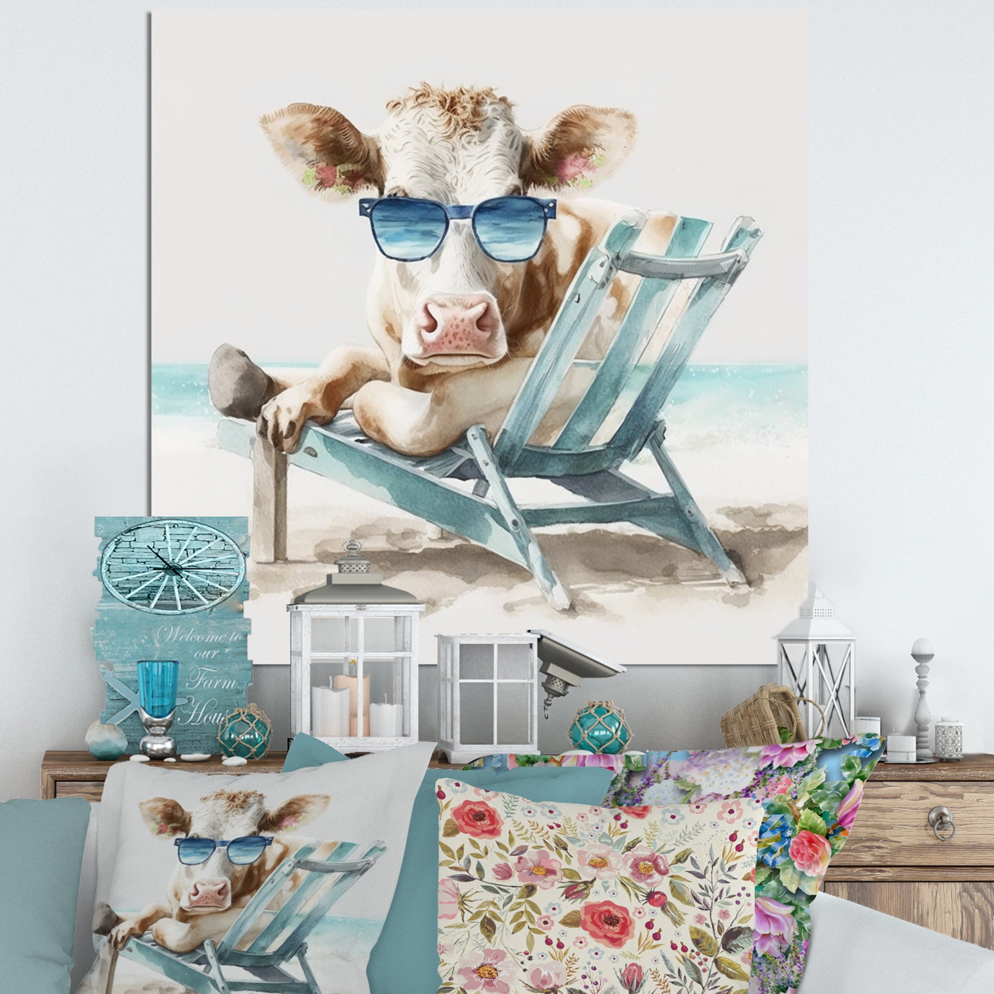 Designart Cow Lounging With Sunglasses II Canvas Wall Art