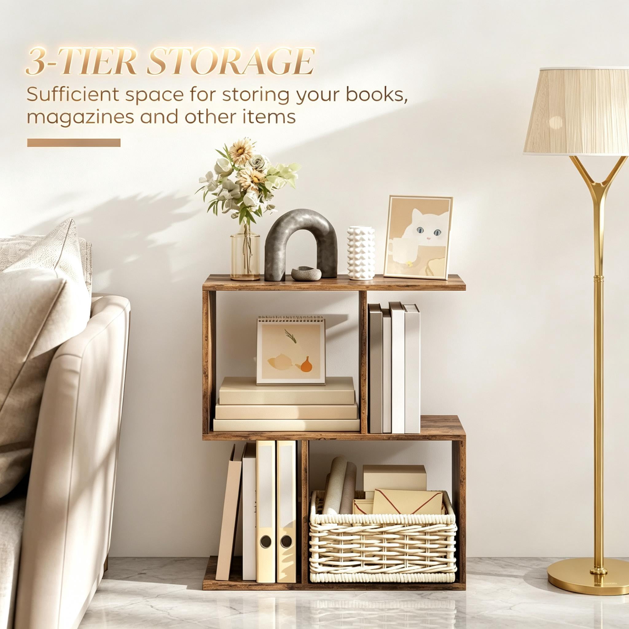 Modern S-Shaped 3-Tier Narrow Side End Table, Accent Furniture with Storage Shelves for Living Room & Small Space