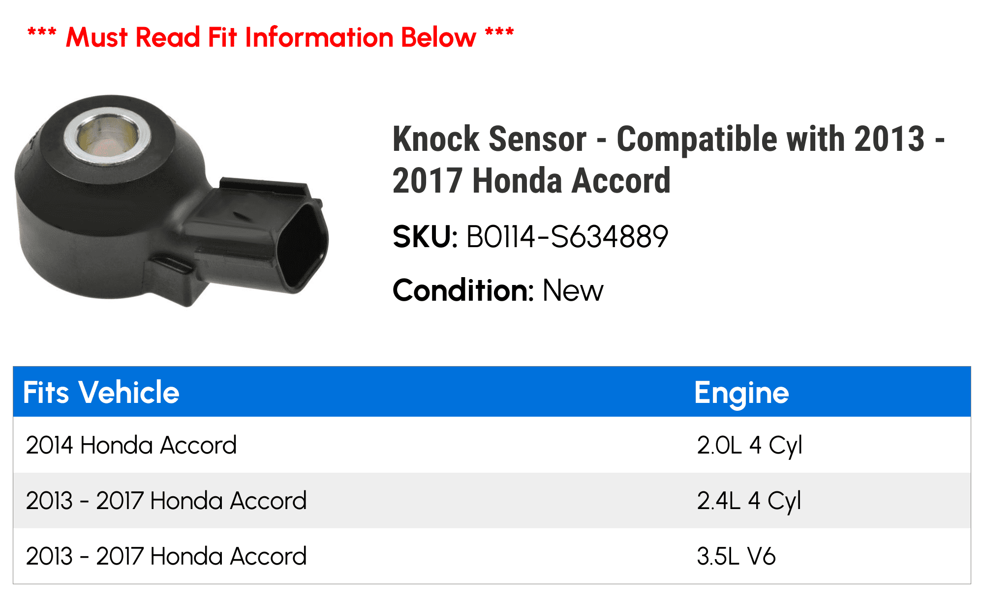 Knock Sensor - Compatible with 2013 - 2017 Honda Accord 2014 2015 2016