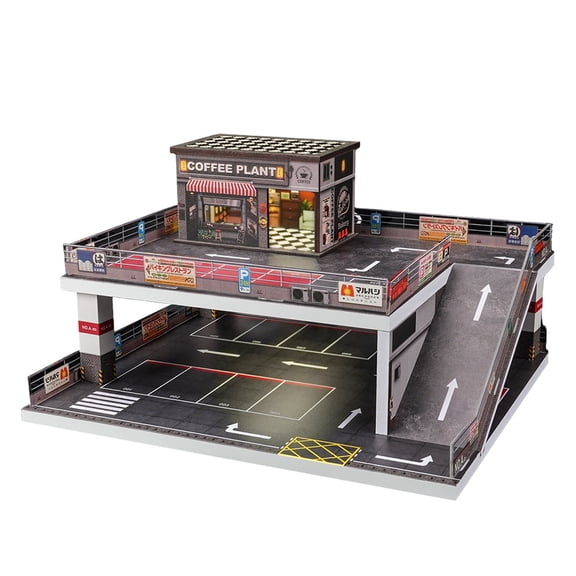 1/64 Scale Parking Garage Cafe Scene Model with Lights, Display Rack, Miniature Buliding for Desktop Display, Gift for Enthusiast (Figures and Car Models not Included)