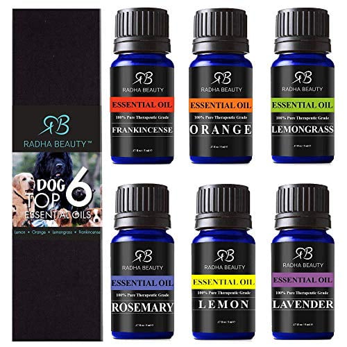 Radha Beauty Aromatherapy Top 6 Dog Essential Oils (Lavender, Orange, Lemon, Lemongrass, Rosemary and Frankincense)