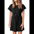 thumbnail image 1 of Robes Femmes Printemps Été 2025 Décontractées Col Rond à Volants Manches Courtes Fluides Ligne A Mini Robe avec Poches Noir G, 1 of 8