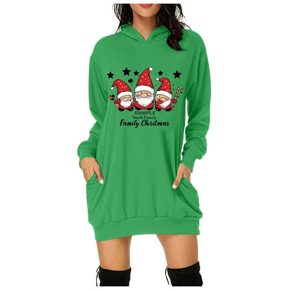 Christmas Dress for Womens Christmas Outfit Women's Christmas Print Long Sleeve Hoodie Dress With Pockets Casual Sweatshirt