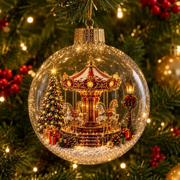 CASAVYNE Clear Christmas Carousel Snow Globe Ornaments With LED Light Hanging Ball Deco