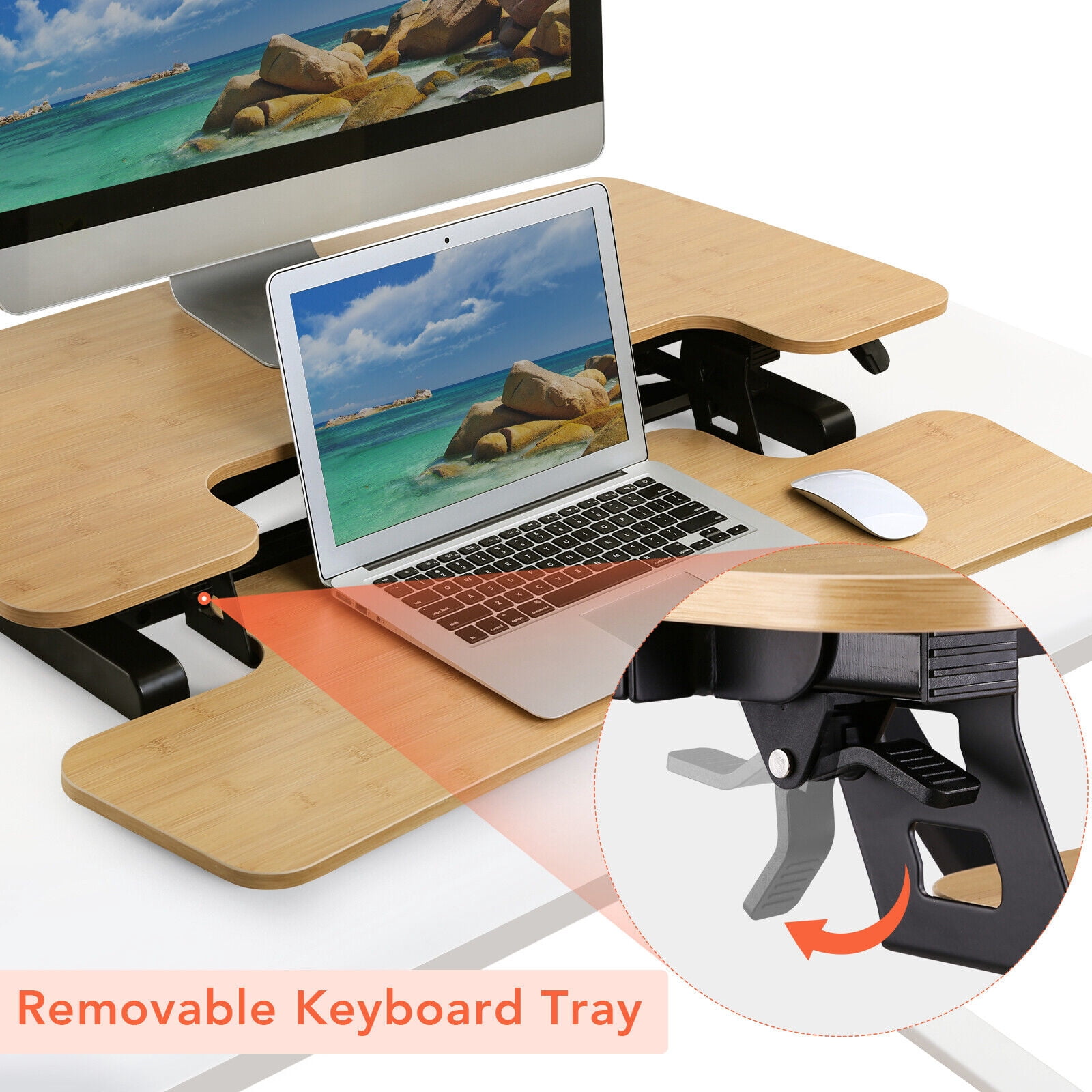 MarketLane  35" Large Height Adjustable Standing Desk Converter - Quick Sit Stand Up Triple Monitor Riser - Gas Spring Computer Workstation - Retractable Keyboard Tray - Teak Wood Grain,Bamboo