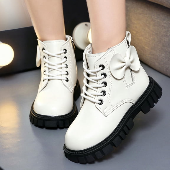 Girls Cute Ankle Boots Bow Lace Up Side Zipper Dress Booties Fashion Versatile Chunky Heel Lug Sole Non-Slip Combat Boots White 12.5 Little Kids