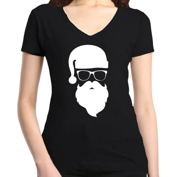 Shop4Ever Women's Hipster Santa with Glasses Christmas Slim Fit V-Neck T-Shirt Large Black