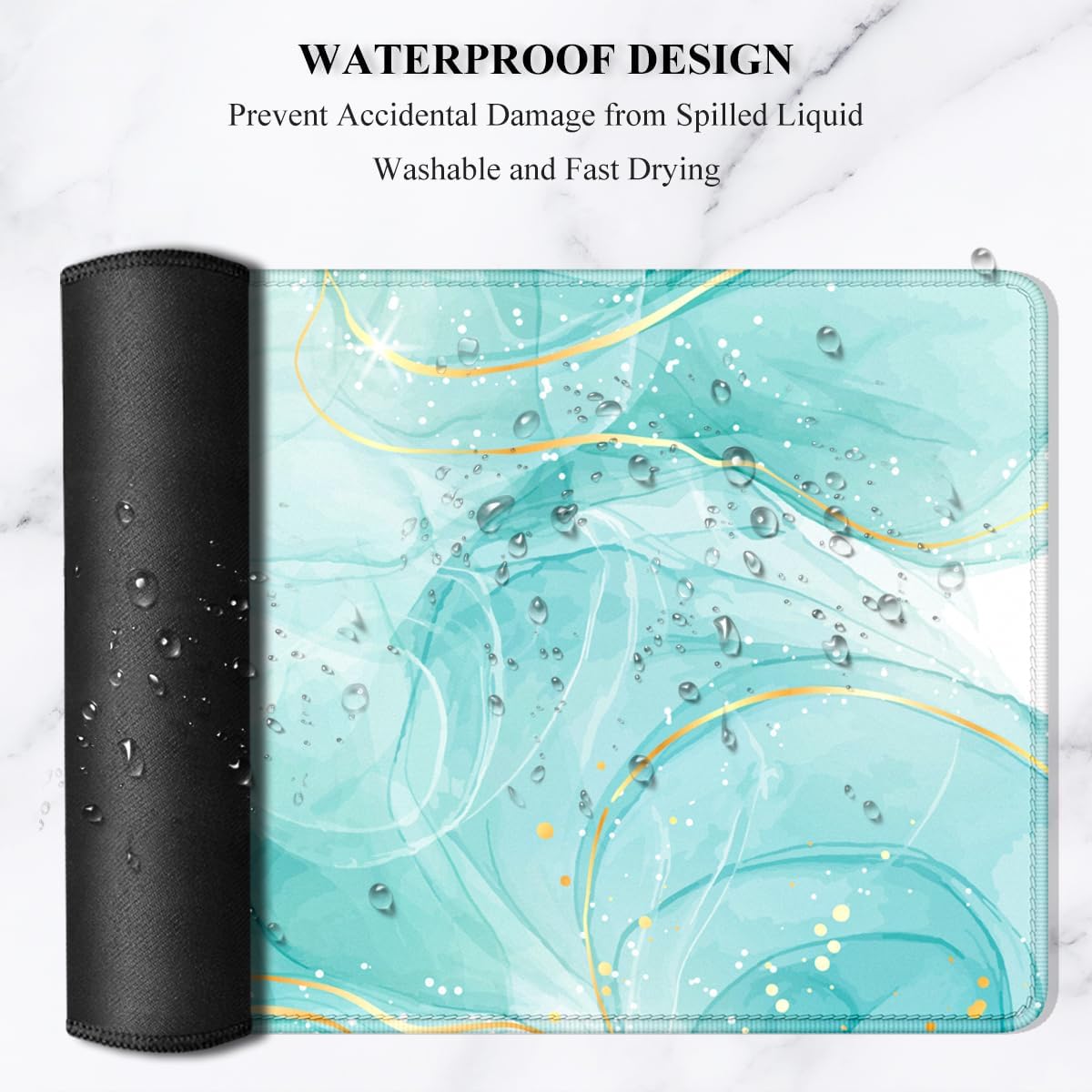 Desk Mouse Pad, Large Gaming Mousepad, XXL Desk Pad, Extended Long Superior Micro-Weave Cloth Non-Slip Rubber Big Computer Mouse Mat for Gamer, Office & Home, 35" x 15", Teal Gold Marble