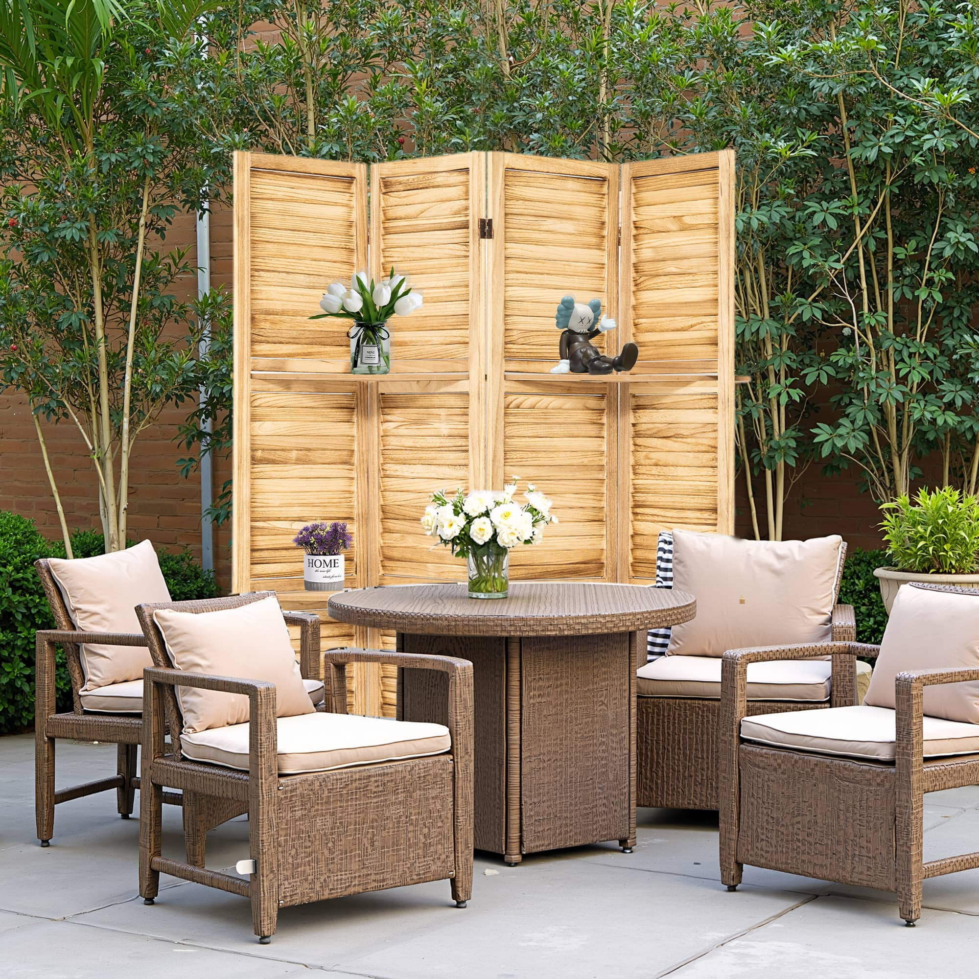 MAYEERTY 4 Panel Freestanding Wood Room Divider with Display Shelves, Natural Color