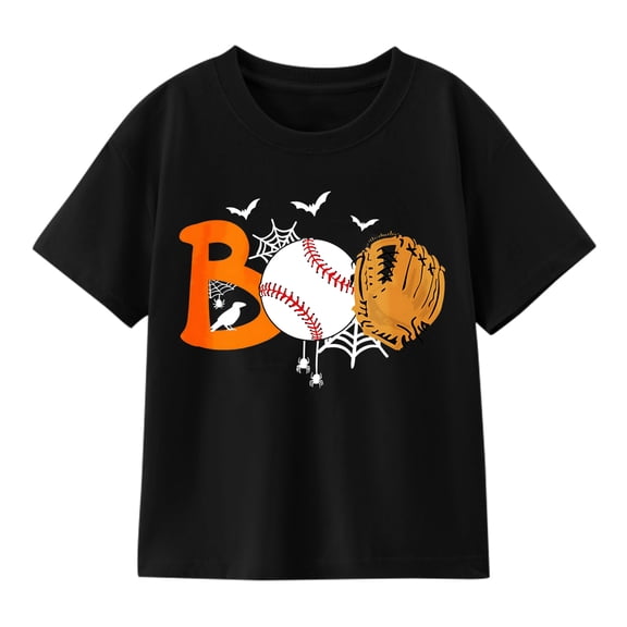 Boys' Halloween Baseball Boo Graphic T-Shirt, Spooky Sports 100% Cotton Short Sleeve Shirt