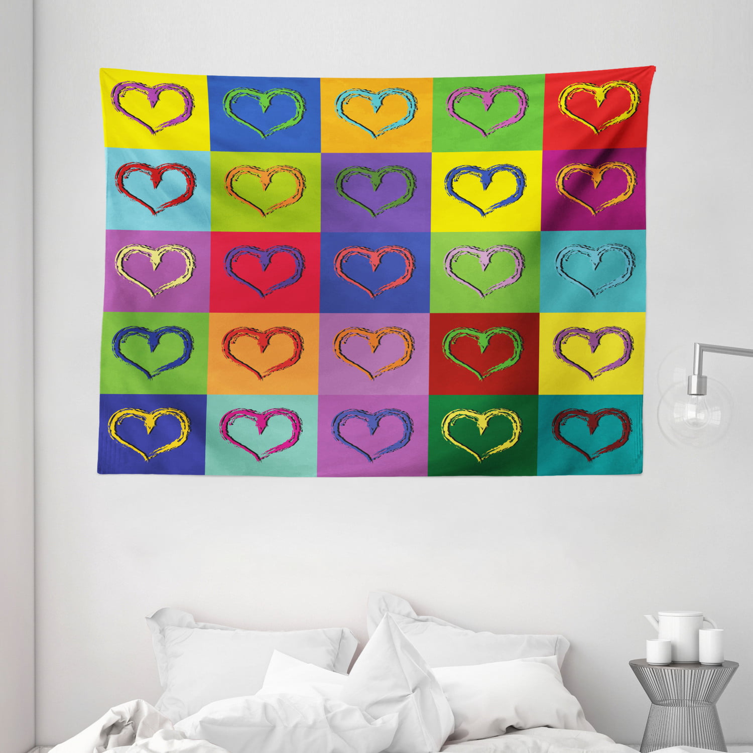 Art Tapestry, Warholesque Vivid Hearts in Colorful Squares Pop-Art ...