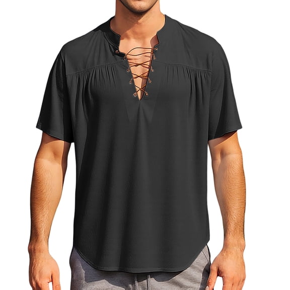 Afdoent Shirt For Men Male Spring Summer Solid Color Tie Up Collar Short Sleeve Shirt Top Casual Vacation Top