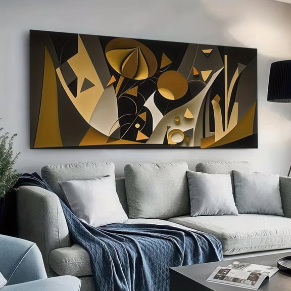 Abstract Gold and Black Canvas Wall Art Framed 48x24 Inch Modern Geometric Painting for Living Room Bedroom Home Decor