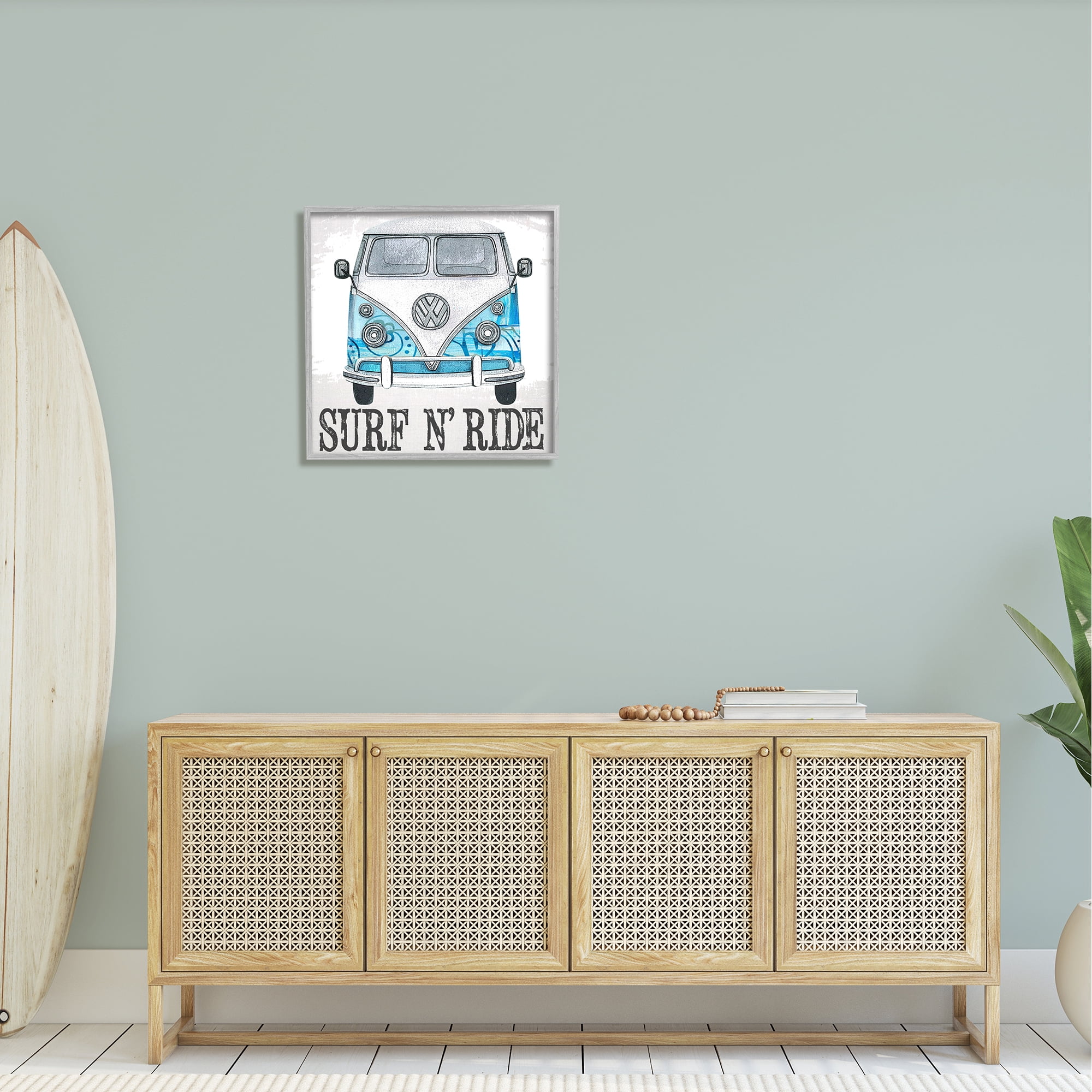 Stupell Surf N Ride Blue Retro Summer Bus Landscape Painting Gray Framed Art Print Wall Art