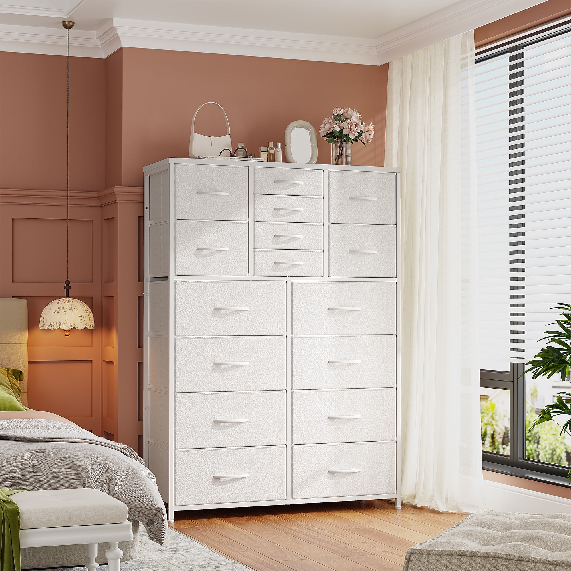 EnHomee 16-Drawer Large Compact Wooden Dresser, Rustic Brown for