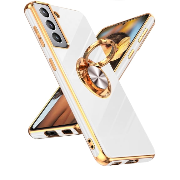 LeYi For Samsung Galaxy S21 5G Phone Case: With 360° Rotatable Ring Mount Magnetic Stand, Rose Gold Plated Edge Protection Samsung S21 5G Phone,White