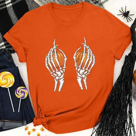 

Moxiu Women s Halloween Graphic Tees Skull Print Tunic Shirts Pumpkin Pattern T-shirt Short Sleeve Oversized Top Blouse