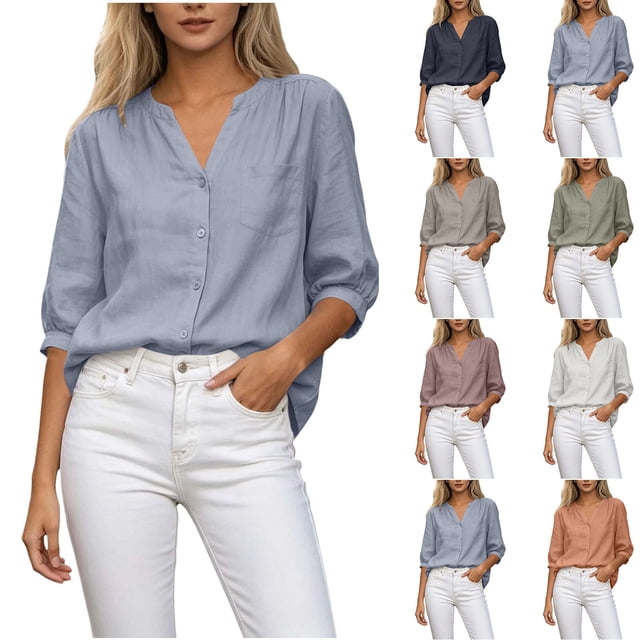 Neewe Womens Classic Plain 3/4 Short Sleeve Cardigans Summer Lightweight V Neck Button Down Casual Tops
