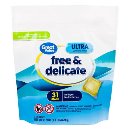Great Value Free & Delicate Ultra Laundry Detergent Pods, Unscented, 31 Count