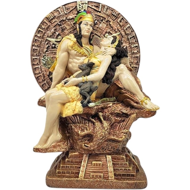 MORÍN Imágenes | Figura decorativa | Azteca con mujer durmiendo en pirámide con calendario azteca | 28 cm | Resina pintada a mano