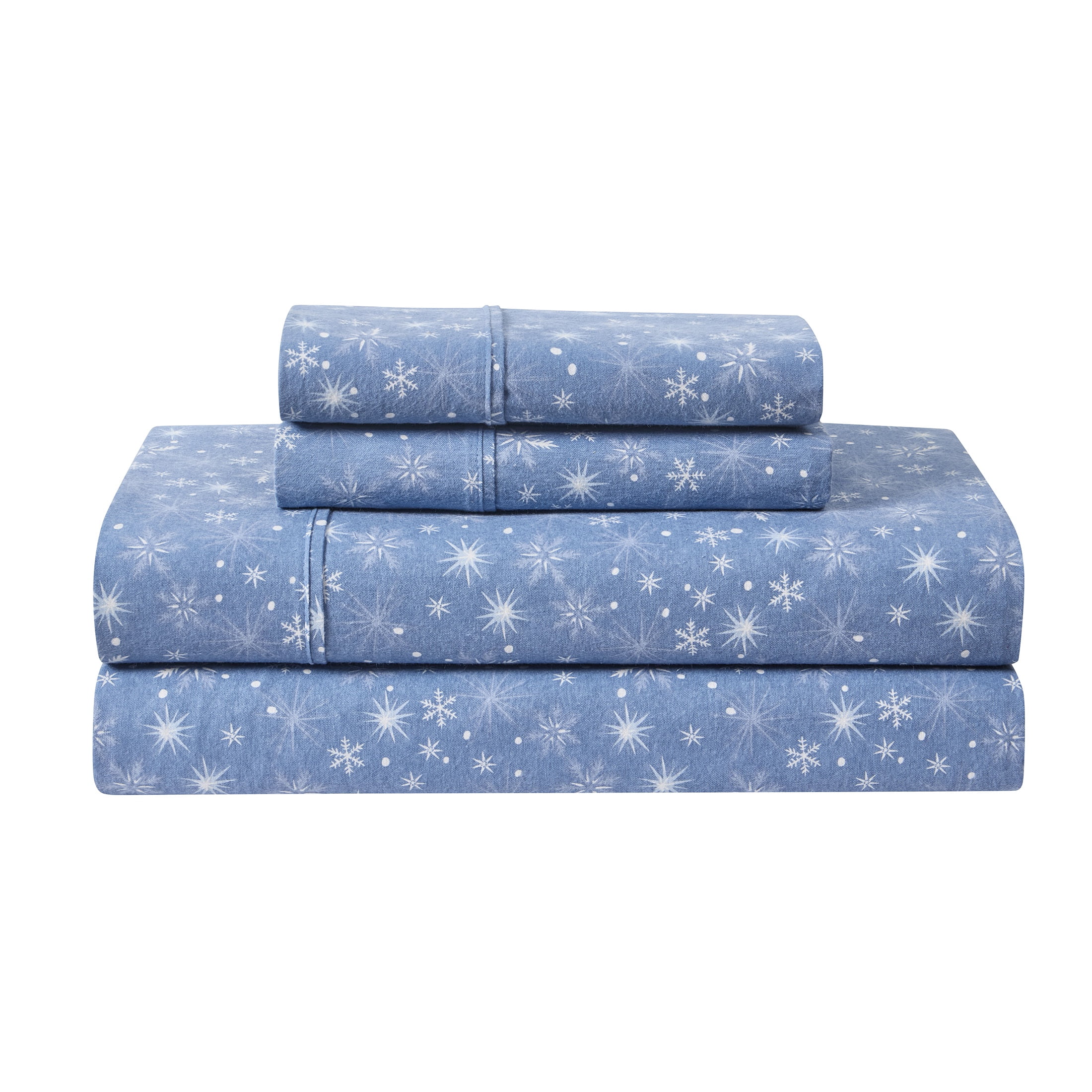 Hallmark Snowflakes 4-Piece Adult Blue Brushed Cotton Flannel Bed Sheet Set, Queen