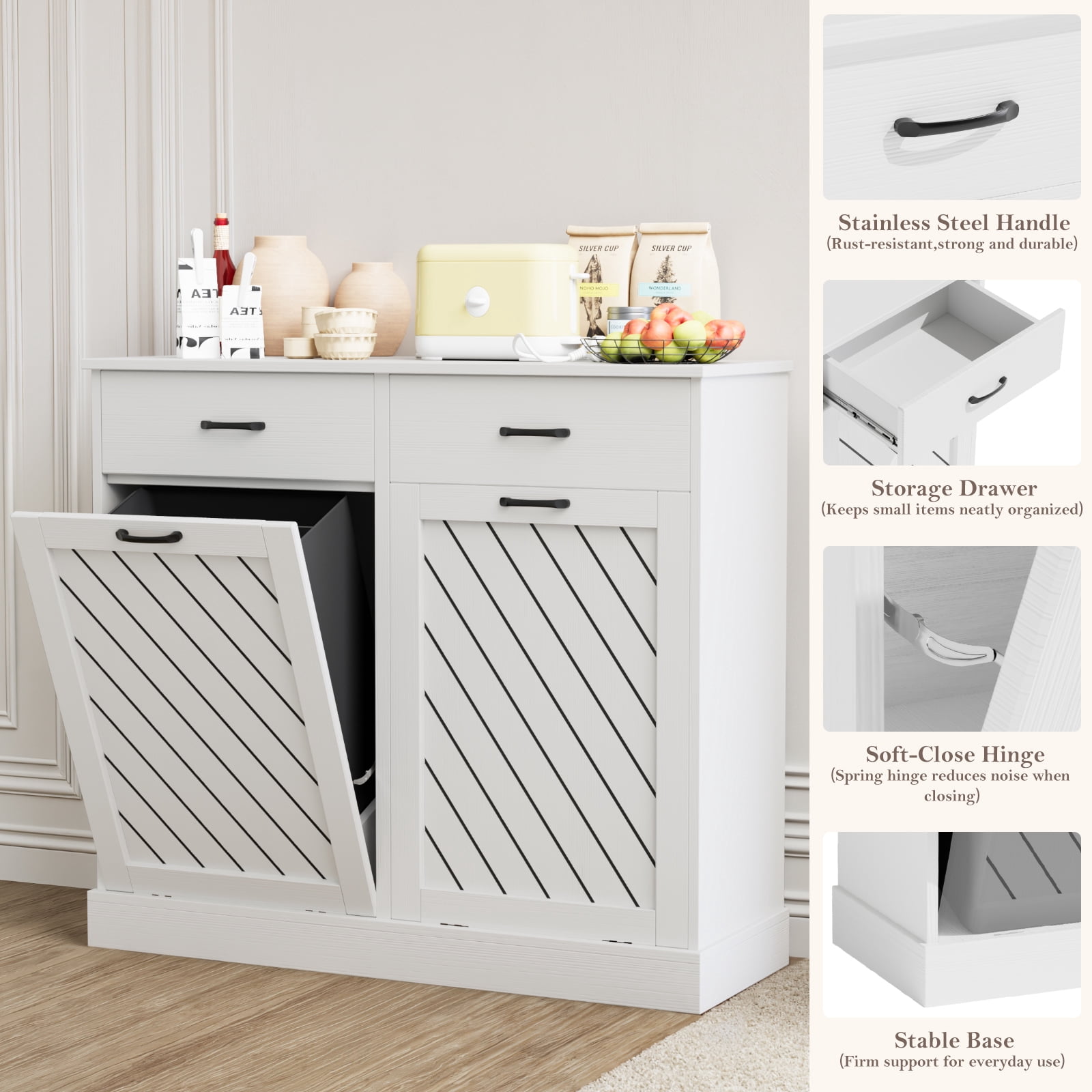 Double Tilt-Out 2x15 Gallons Hidden Garbage Trash Can Cabinet, Hidden Kitchen Trash Cabinet with Storage Drawer, Pet-Proof Wooden Garbage & Recycling Cabinet for Kitchen, Laundry & Living Room, White