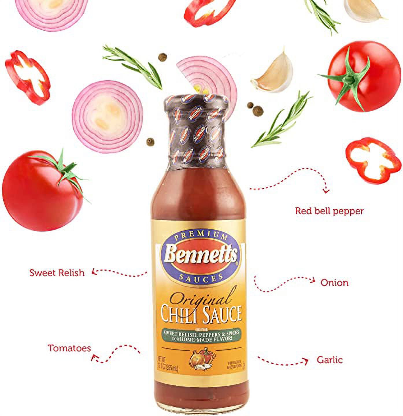 BENNETTS GLUTEN FREE ORIGINAL CHILI SAUCE, 12 FL OZ, GLASS BOTTLE
