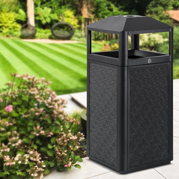 RIGMEC Trash Can Outdoor Steel Top Tray, 15 GAL Commercial Garbage Enclosure with Locking Lid Heavy Duty Industrial Yard Garage Waste Container,Black