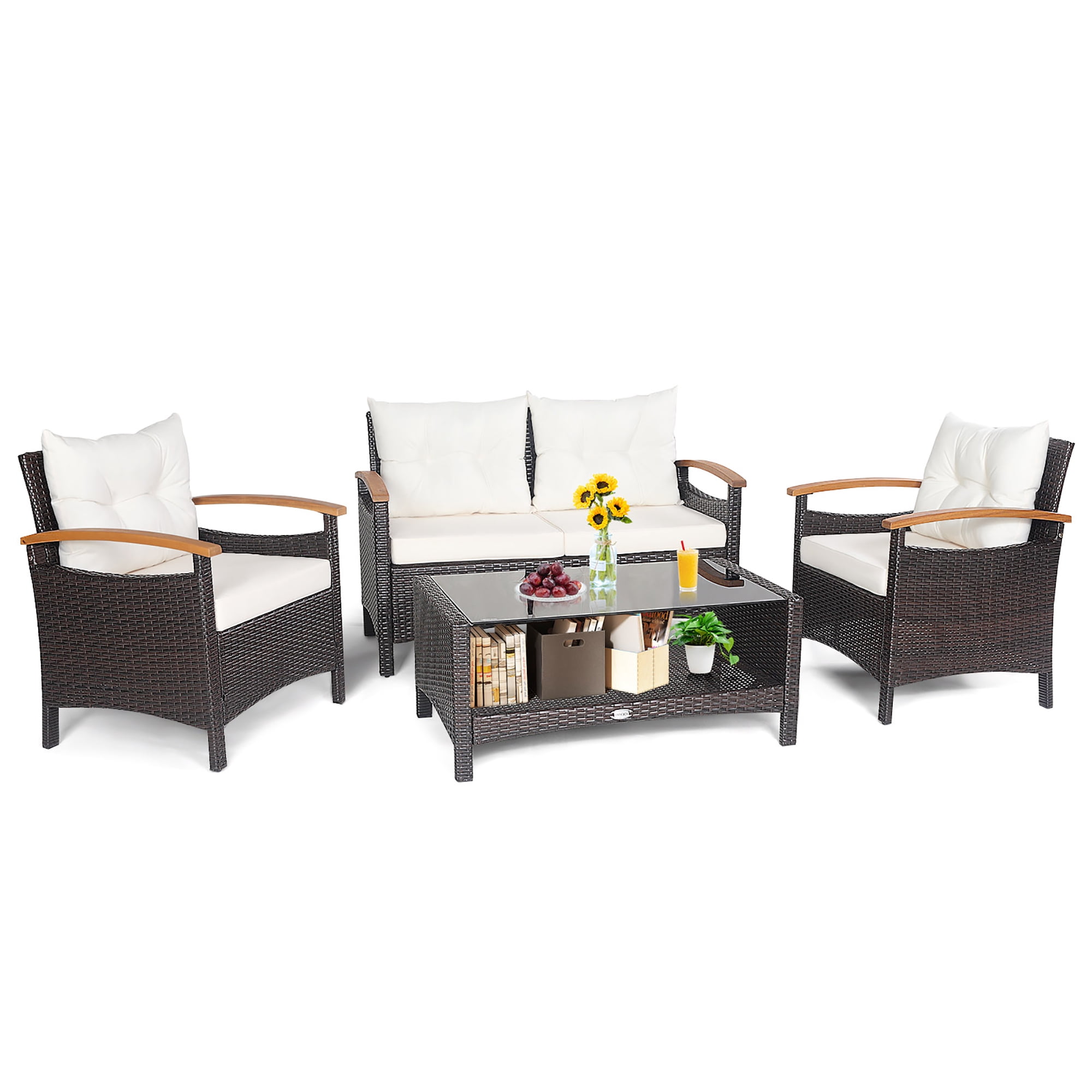 Costway 4PCS Patio Rattan Conversation Set Cushioned Sofa Storage Table Off White