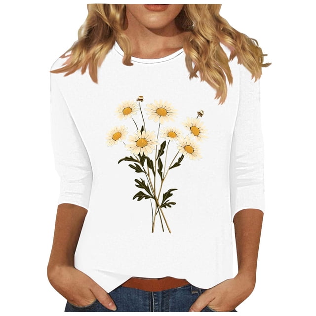 Tnhcen Chemises à Manches 3/4 Col Rond Imprimé Floral Automne pour Femmes - Basiques Décontractés Grande Taille P-3TG