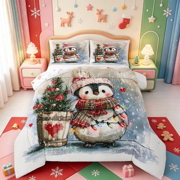 Manfei Merry Christmas Full Size Comforter Sets,Cute Penguin Bedding Comforter Set,Xmas Reversible,3-Piece,1 Comforter and 2 Pillowcases