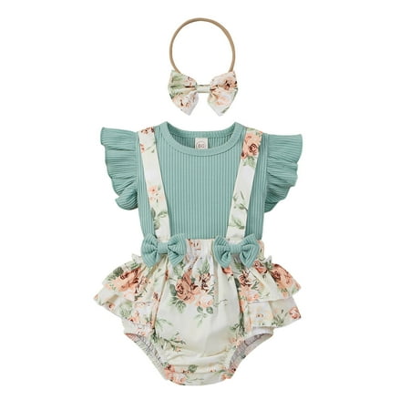 

EHTMSAK Newborn Infant Toddler Baby Girl 2PCS Outfits Summer T Shirts and Floral Suspender Shorts Set Short Sleeve Clothing Set Sky Blue 1M-2Y 80