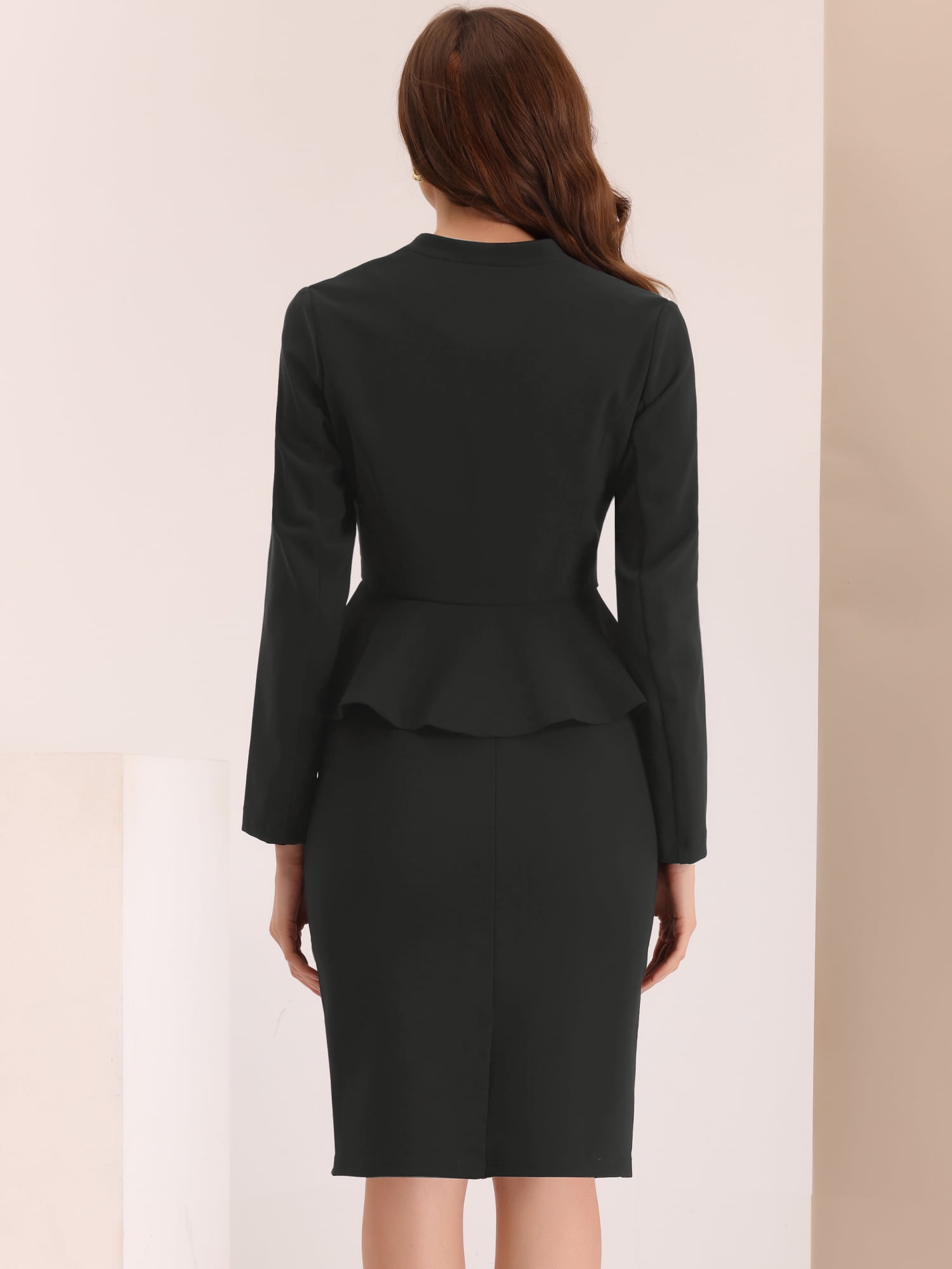 DARING DIVA Women's Collarless Peplum Blazer Sheath Skirts 2 Pcs Suit Set S Black